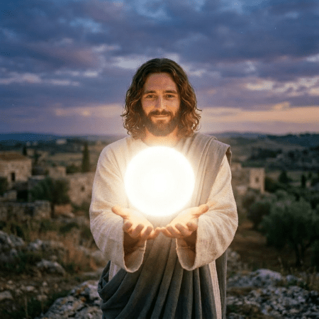 Man in ancient robes holding glowing light orb outdoors at dusk