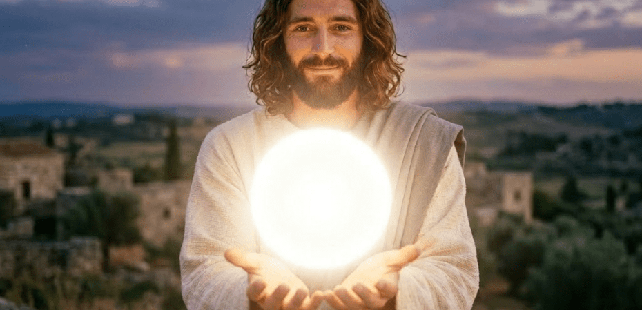 Man in ancient robes holding glowing light orb outdoors at dusk